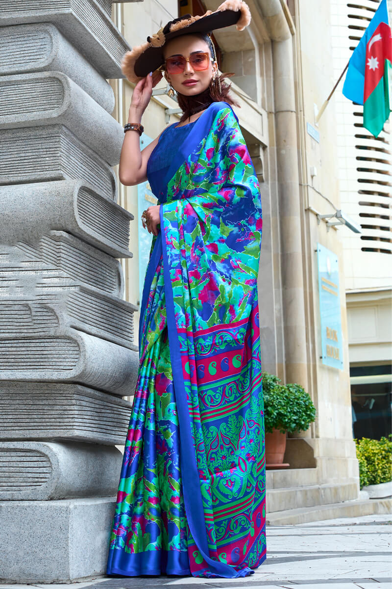 Havelock Blue Printed Satin Silk Saree