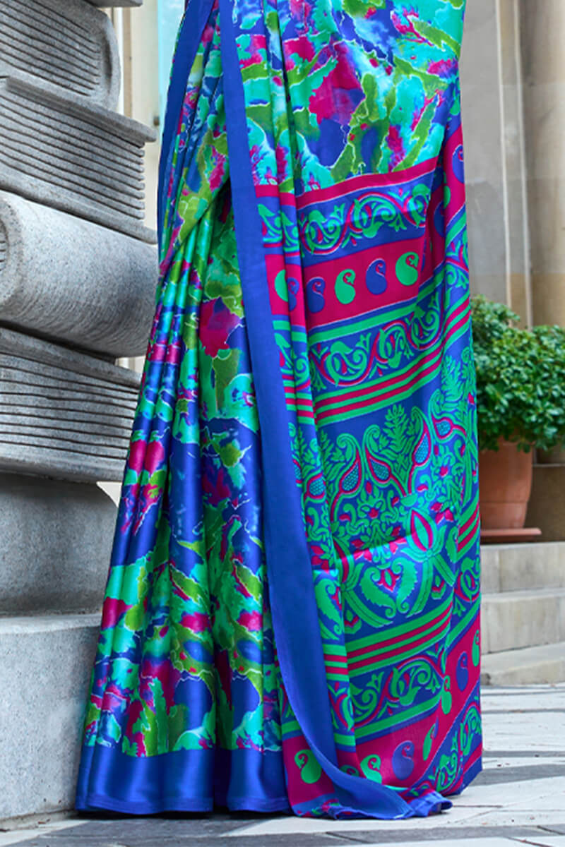 Havelock Blue Printed Satin Silk Saree