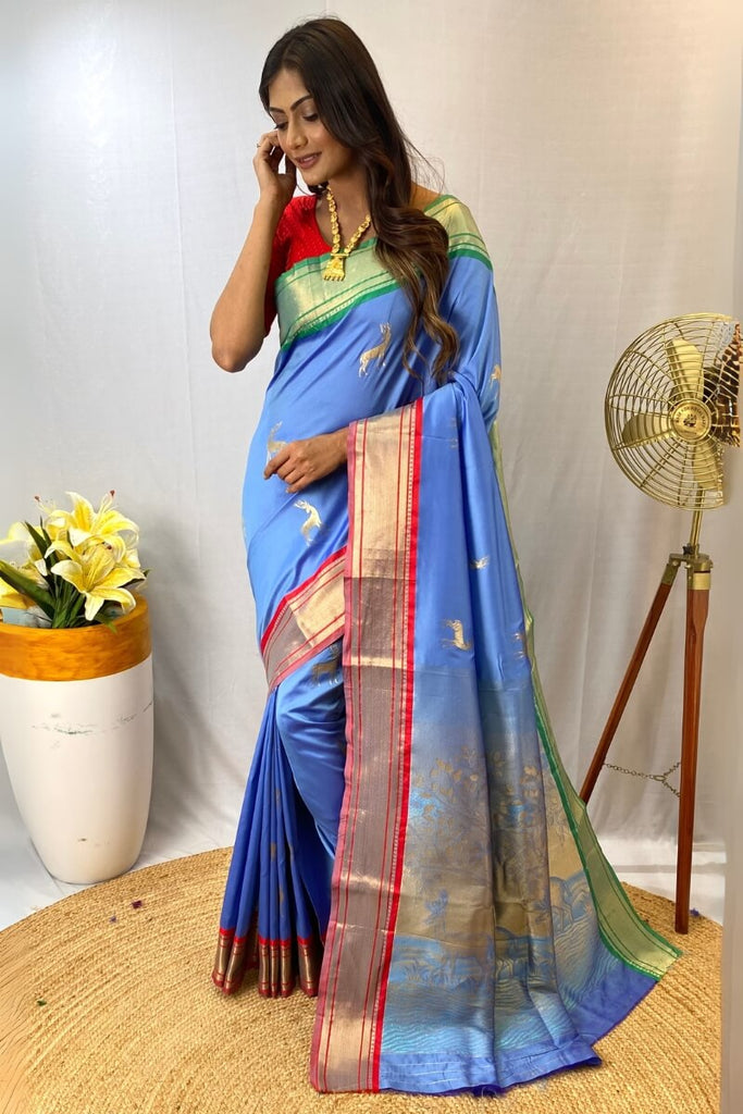 Havelock Blue Zari Woven Paithani Silk Saree