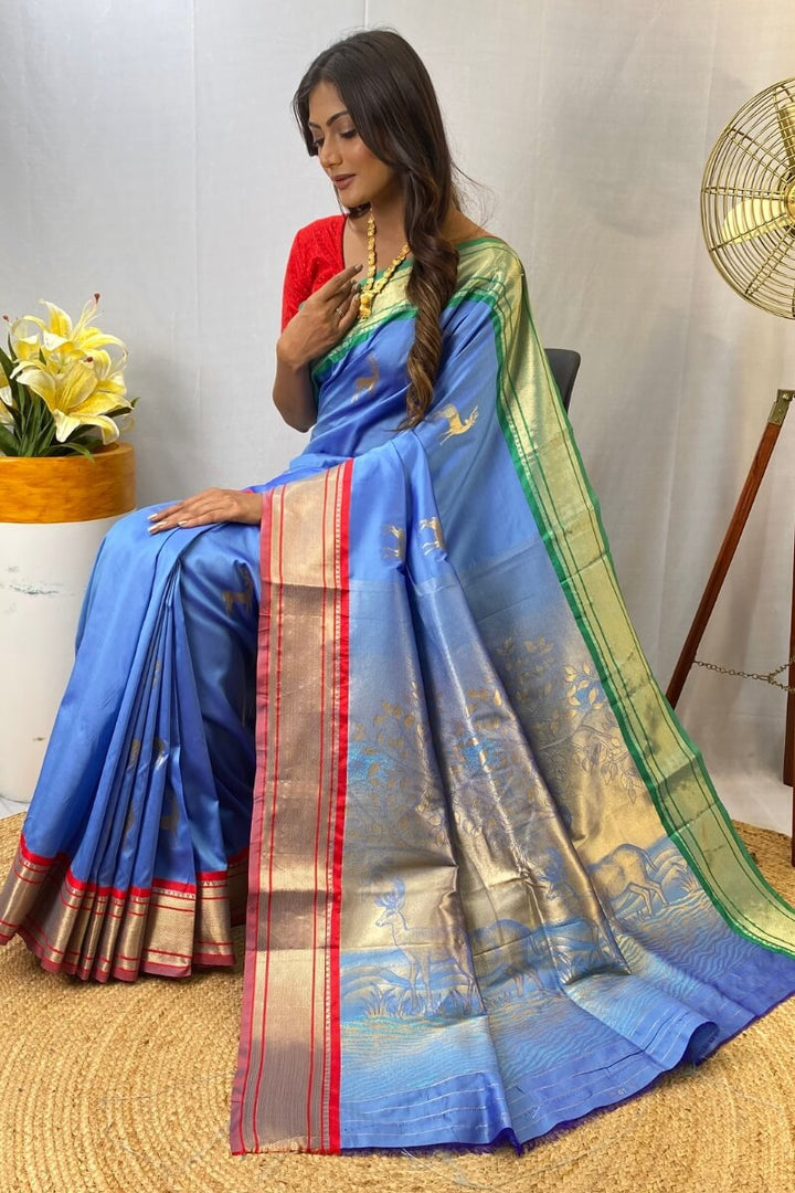 Havelock Blue Zari Woven Paithani Silk Saree