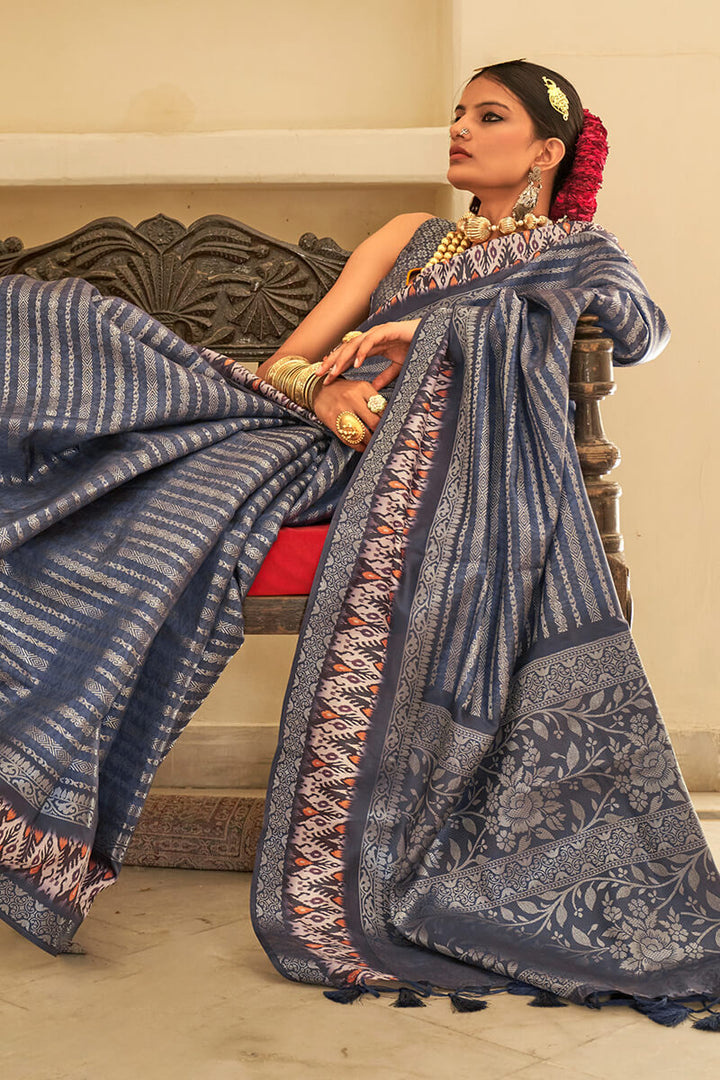 Haze Blue Digital Printed Soft Silk Saree