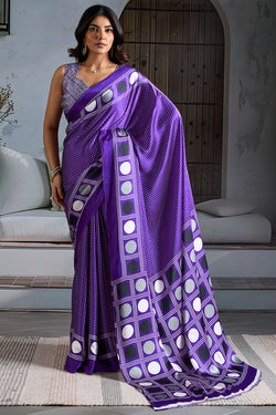 Haze Purple Ajrakh Printed Satin Crepe Silk Saree