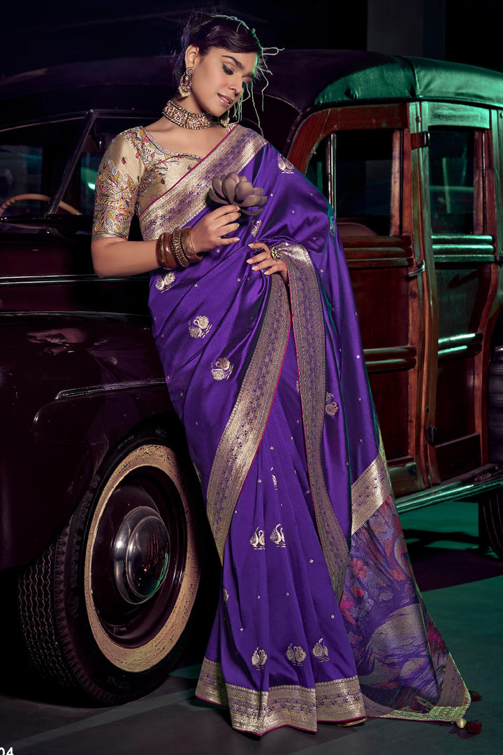 Haze Purple Banarasi Pure Silk Saree with Designer Embroidery Blouse Piece