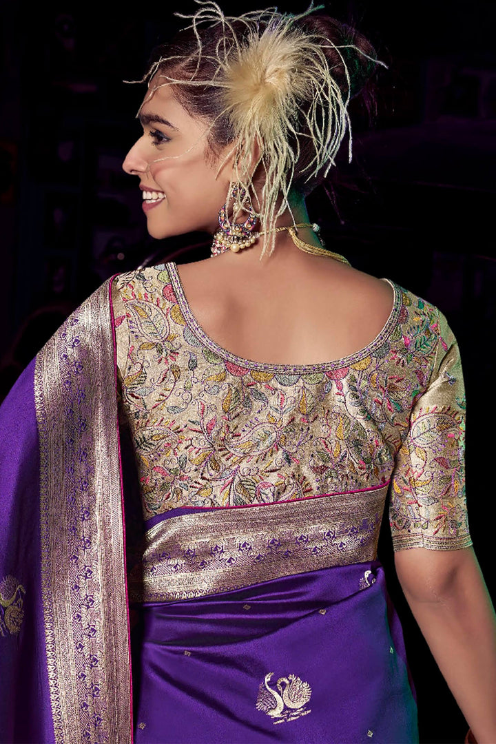 Haze Purple Banarasi Pure Silk Saree with Designer Embroidery Blouse Piece