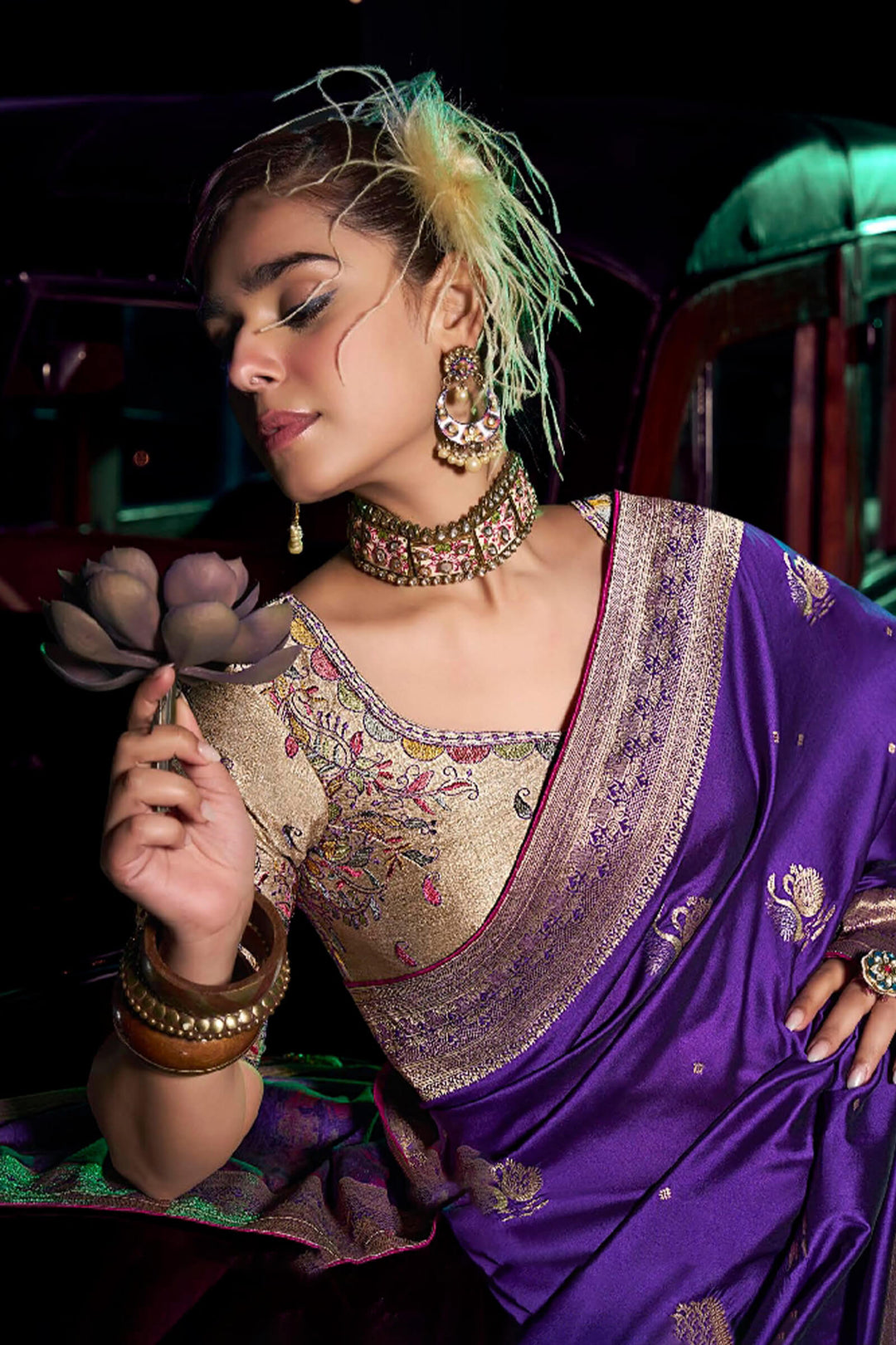 Haze Purple Banarasi Pure Silk Saree with Designer Embroidery Blouse Piece