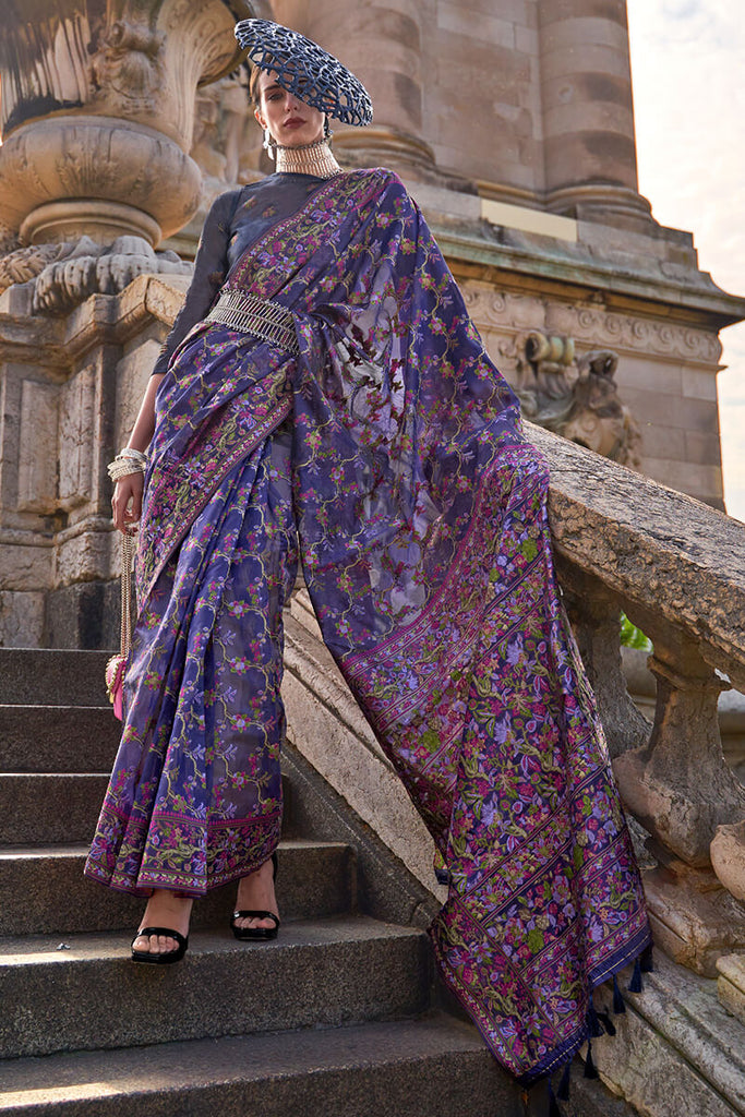 Haze Purple Kashmiri Weaving Organza Silk Saree