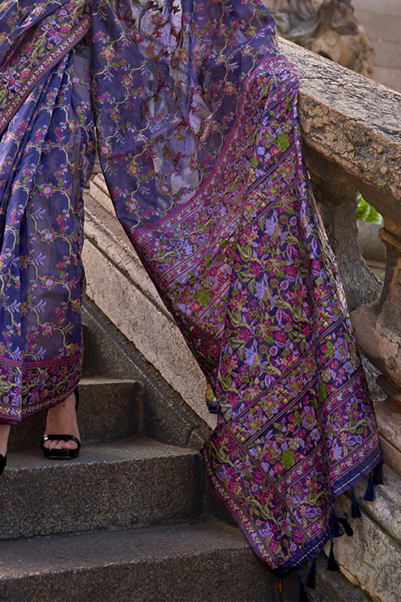 Haze Purple Kashmiri Weaving Organza Silk Saree