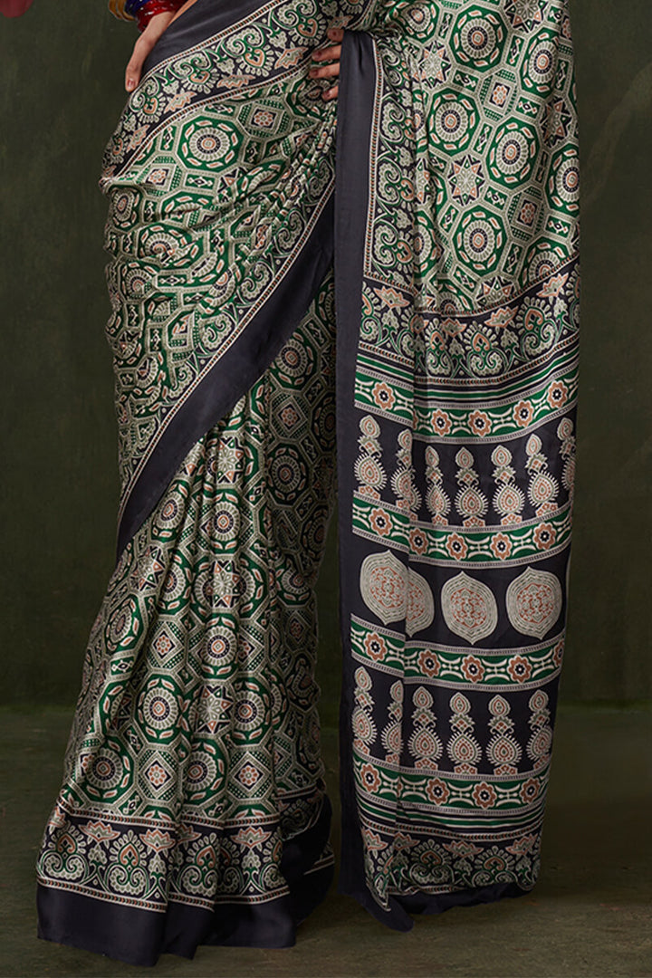 Hazel Green Ajrakh Printed Satin Silk Saree