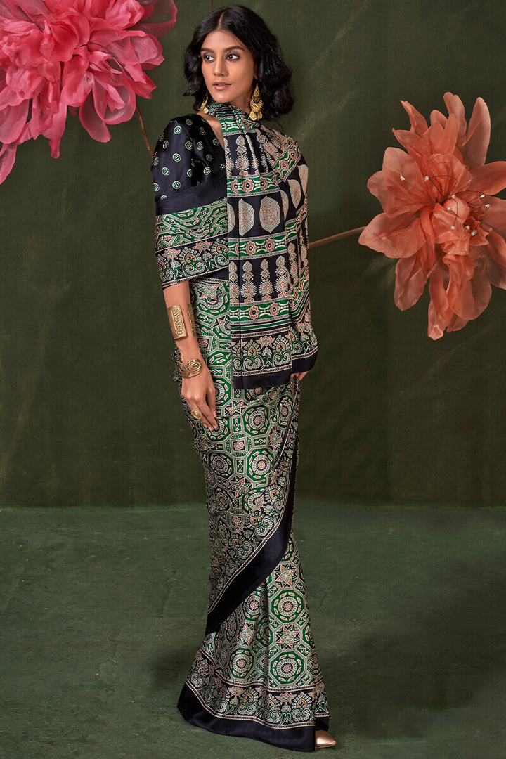Hazel Green Ajrakh Printed Satin Silk Saree