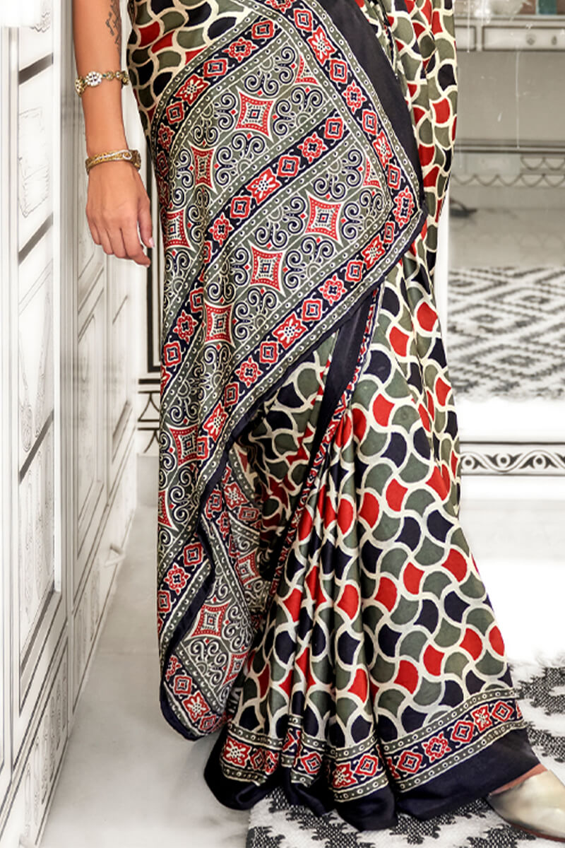 Hazel Green and Black Ajrakh Printed Satin Silk Saree