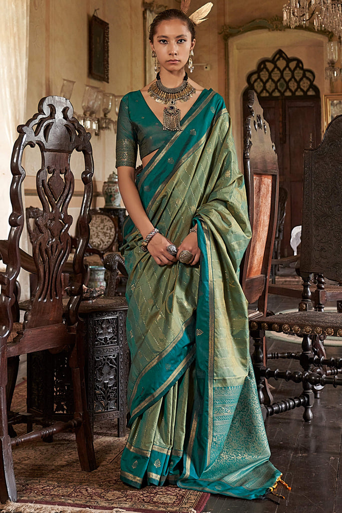 Hazel Green Banarasi Tussar Silk Saree