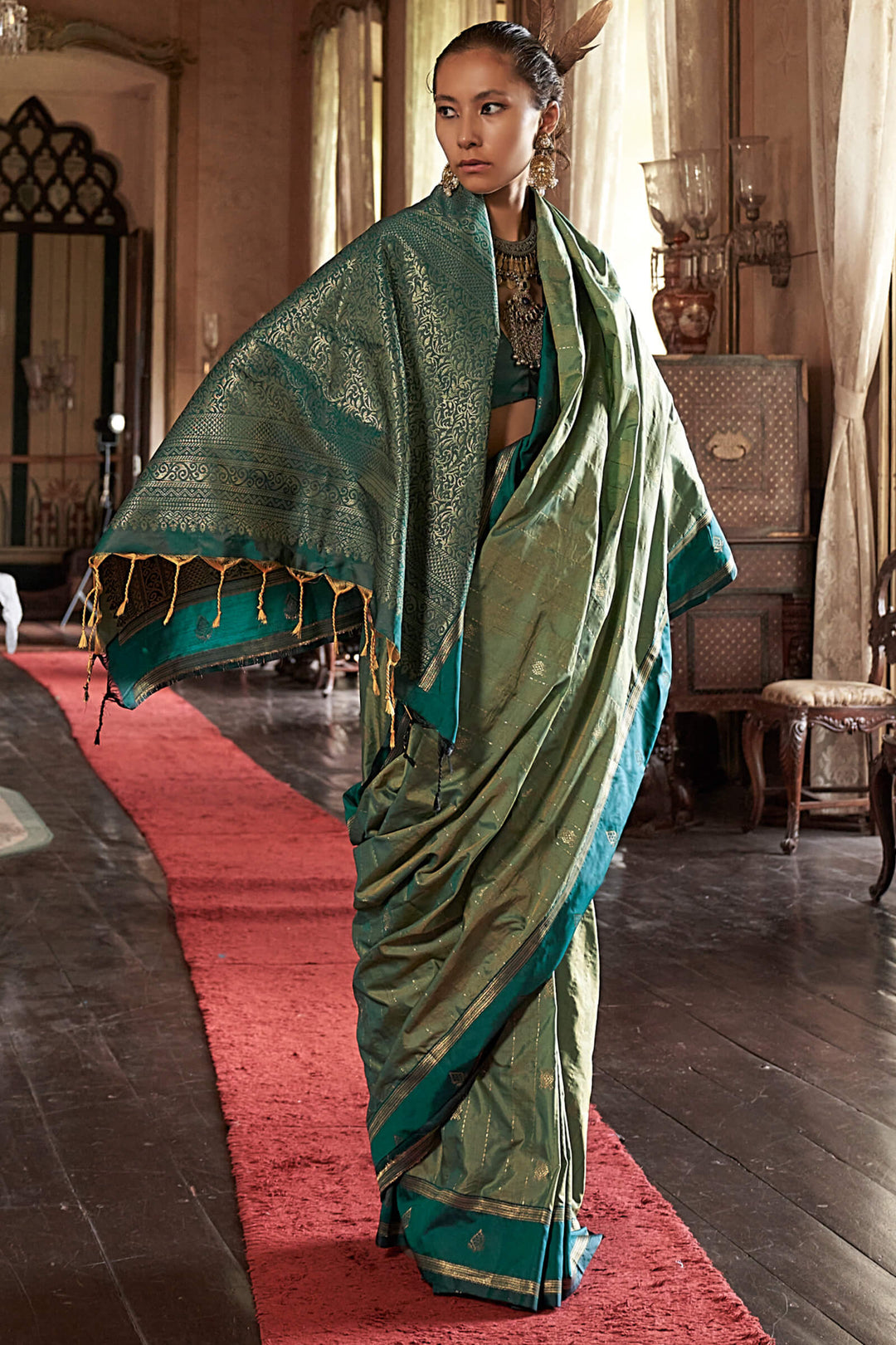 Hazel Green Banarasi Tussar Silk Saree