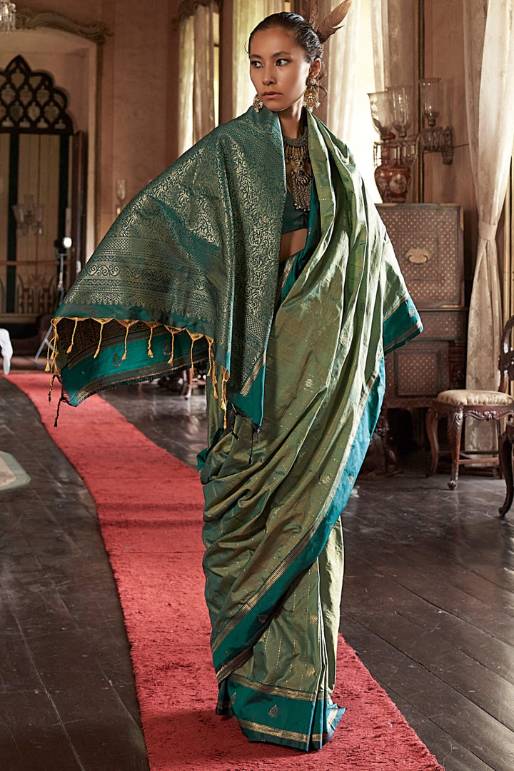 Hazel Green Banarasi Tussar Silk Saree