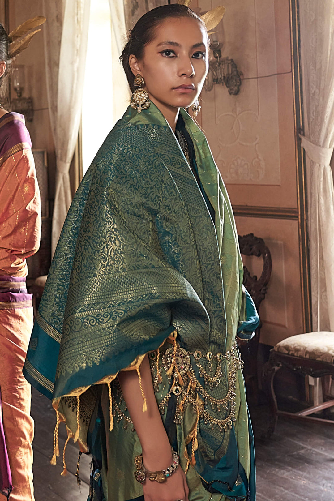 Hazel Green Banarasi Tussar Silk Saree