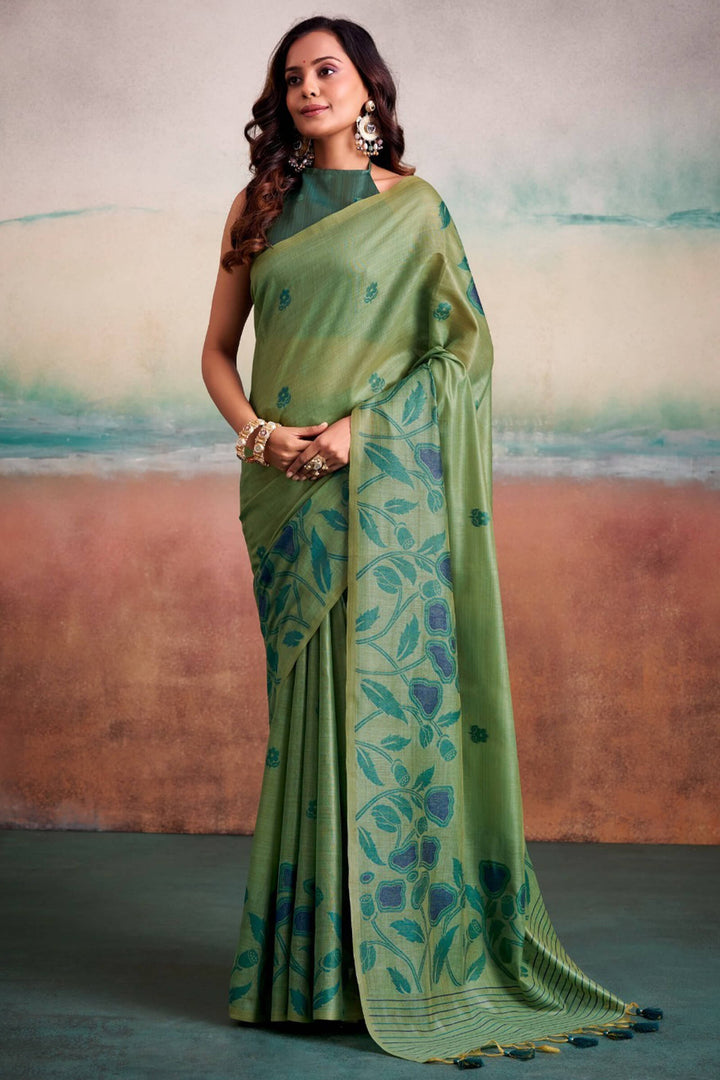 Hazel Green Cotton Modal Silk Saree