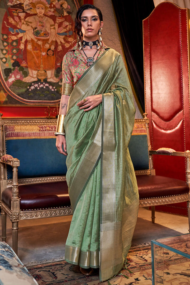 Hazel Green Hand Woven Moss Chiffon Silk Saree