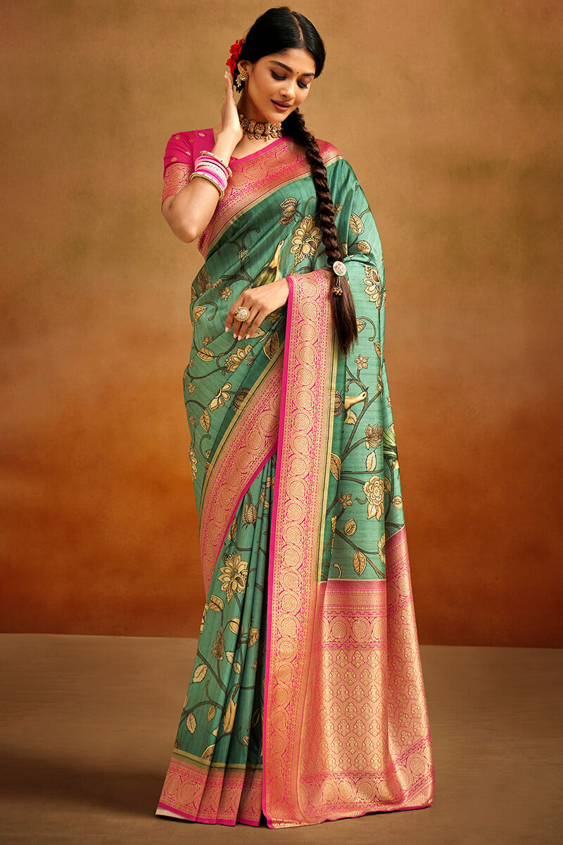 Hazel Green Kalamkari Printed Tussar Silk Saree