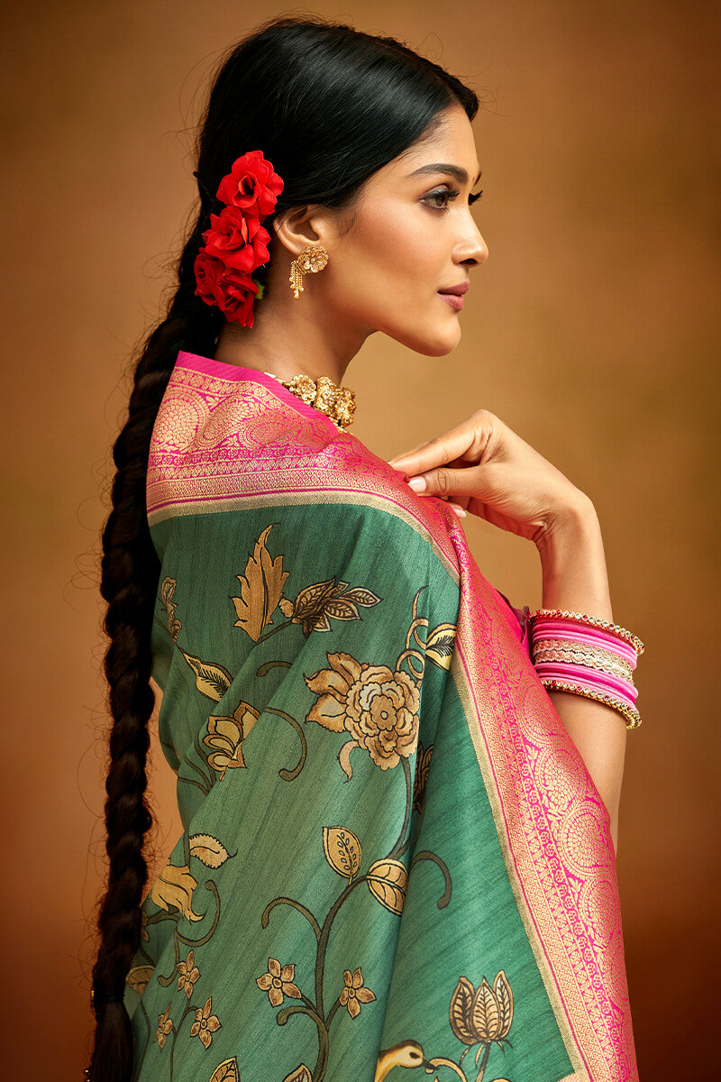 Hazel Green Kalamkari Printed Tussar Silk Saree