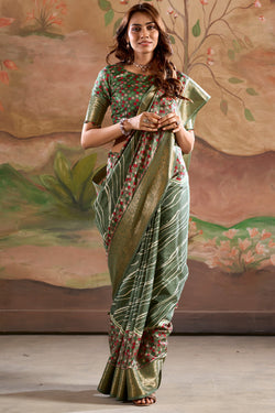 Hazel Green Printed Dola Silk Saree