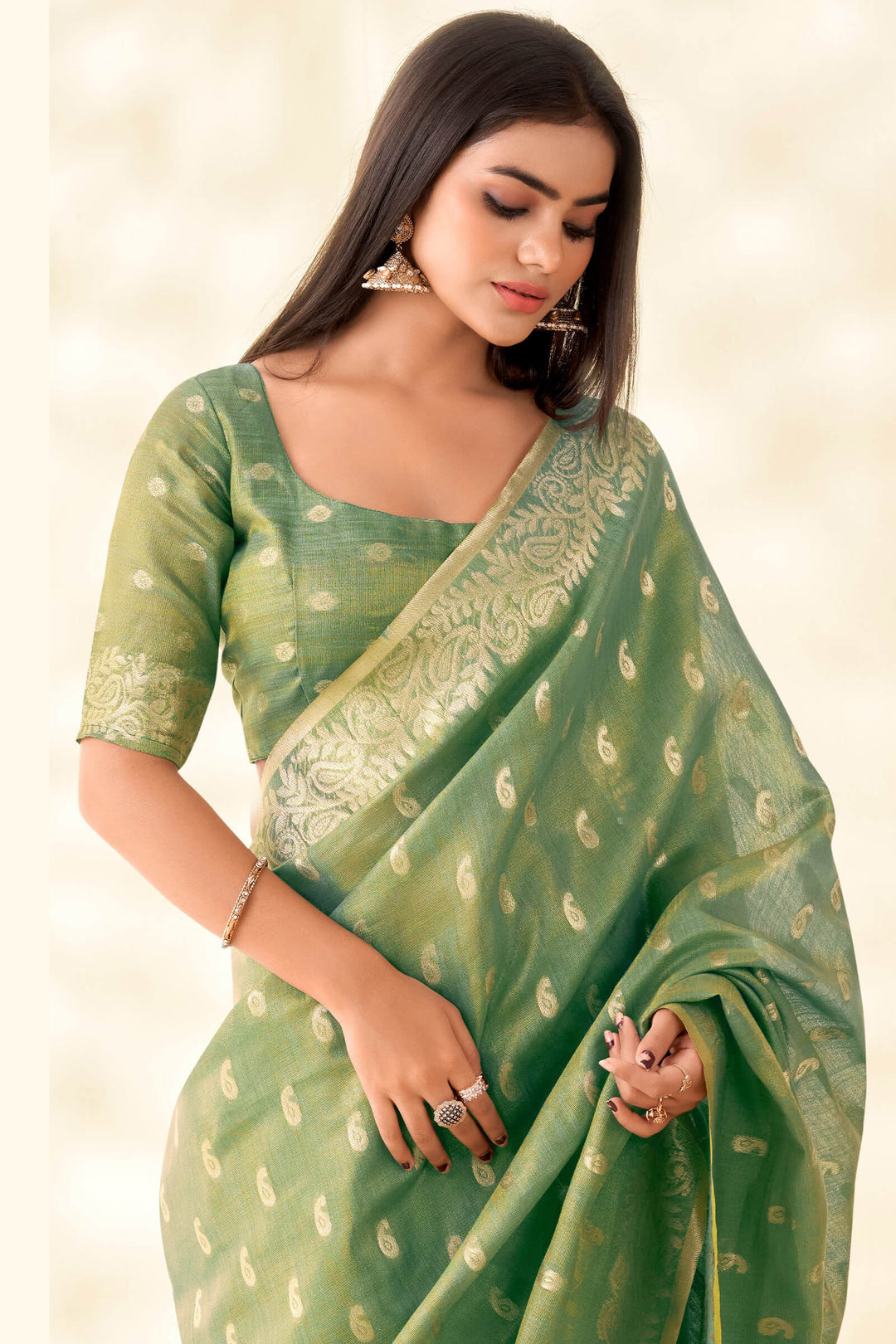 Hazel Green Tissue Linen Silk Saree