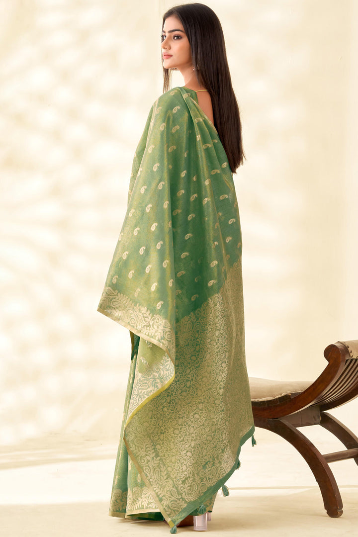Hazel Green Tissue Linen Silk Saree