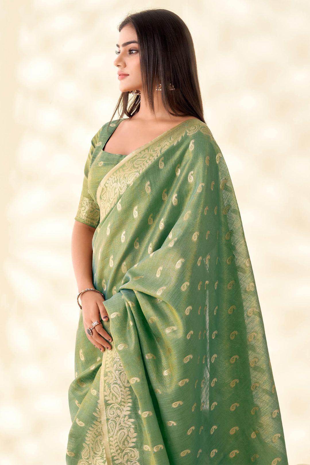 Hazel Green Tissue Linen Silk Saree