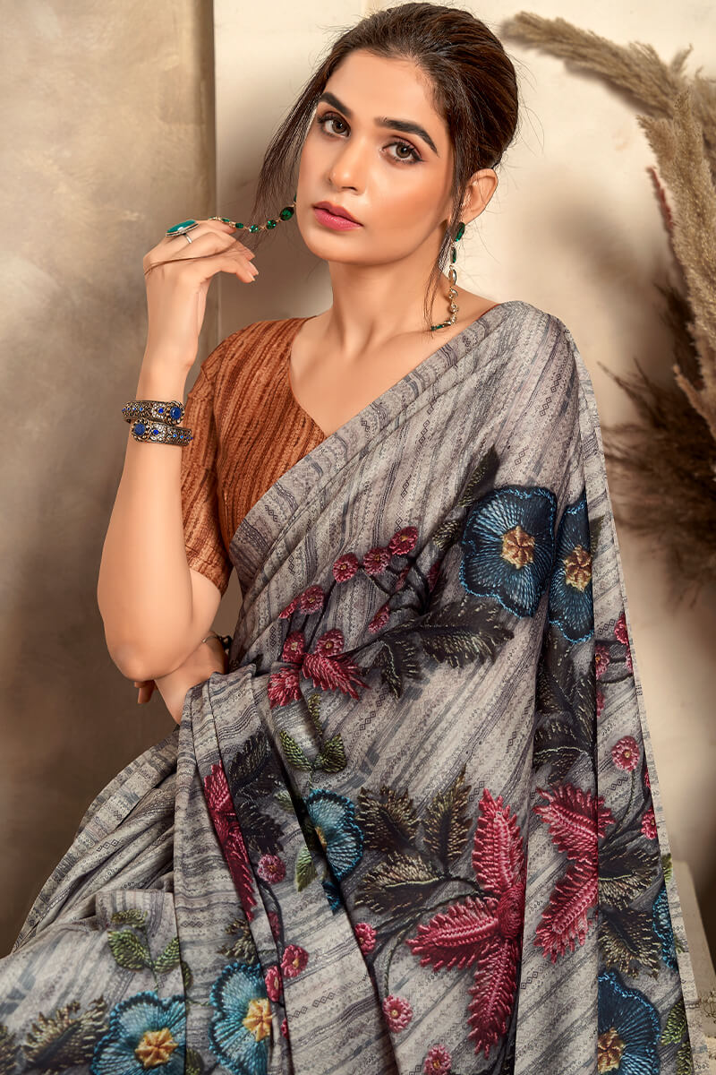 Heathered Grey Printed Satin Silk Saree