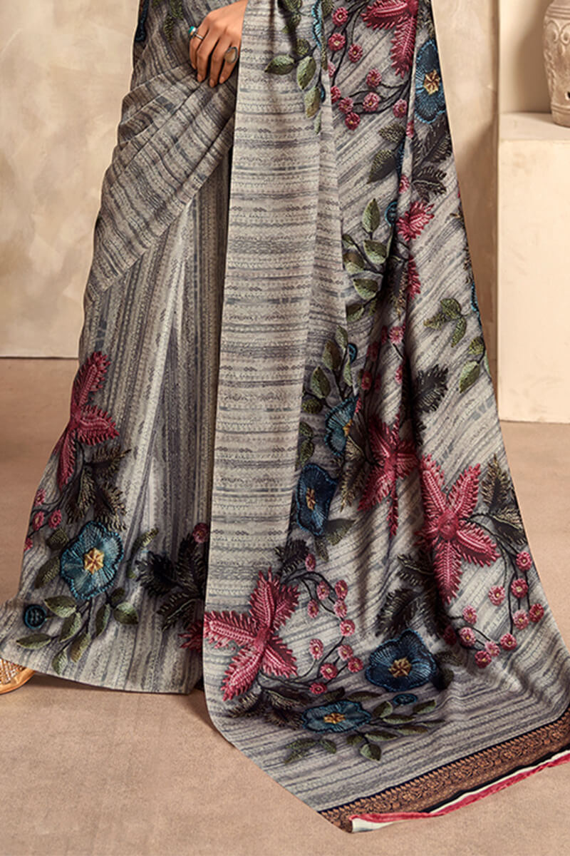 Heathered Grey Printed Satin Silk Saree