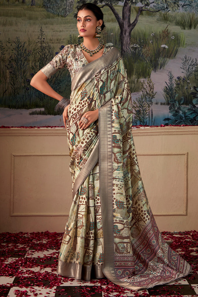 Heathered Grey Printed Tussar Silk Saree