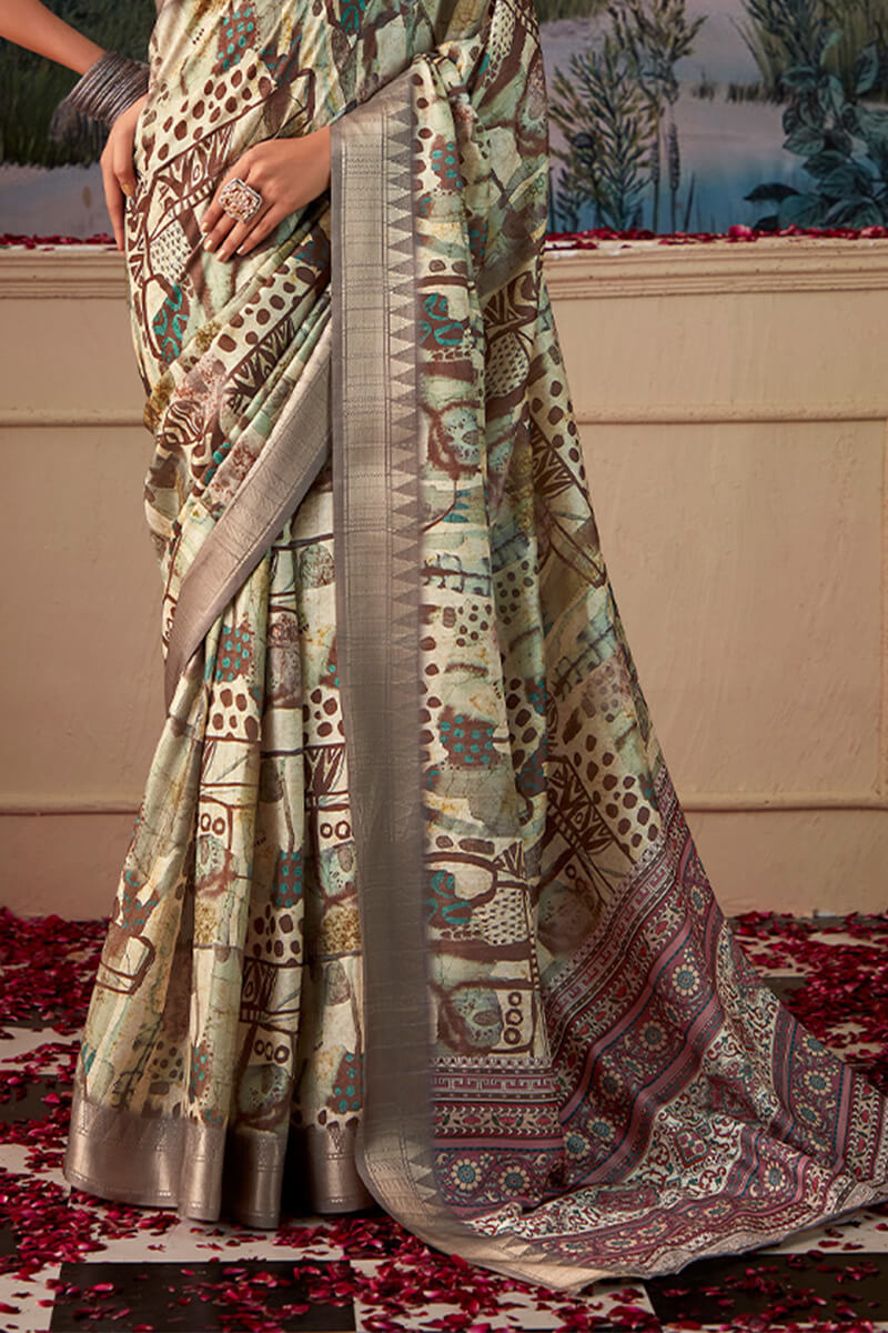 Heathered Grey Printed Tussar Silk Saree