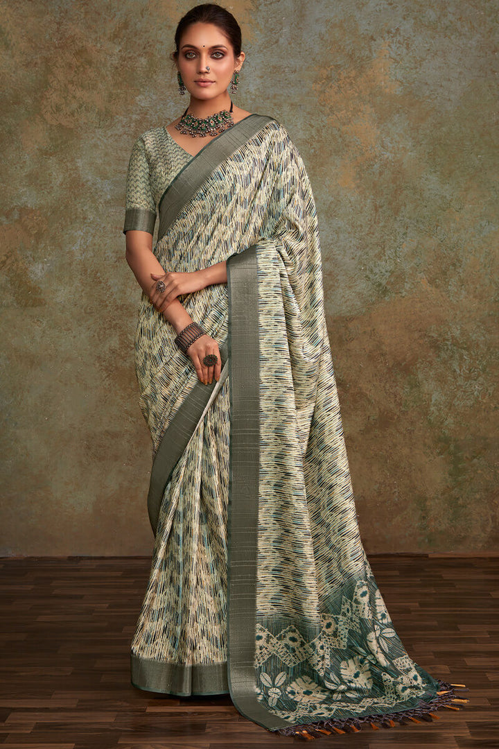 Heathered Grey Printed with Sequence Soft Silk Saree