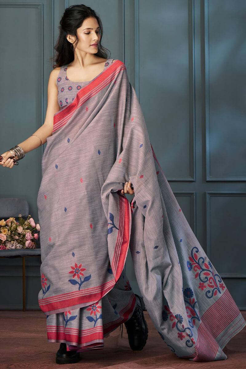 Heathered Grey Soft Linen Silk Saree