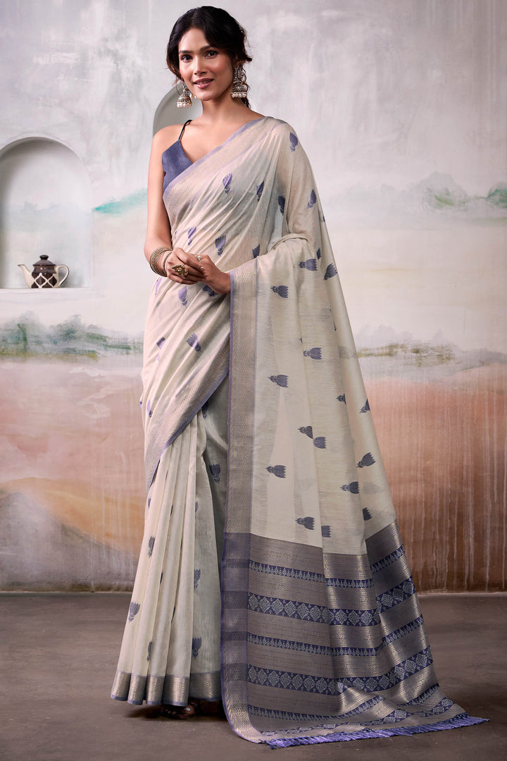 Heathered Grey Zari Woven Cotton Silk Saree