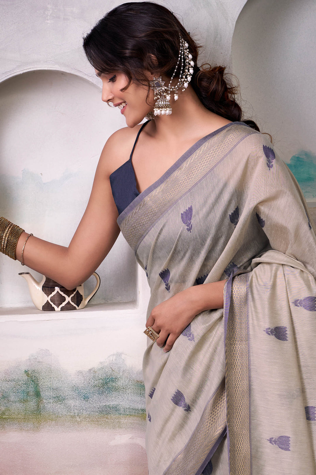 Heathered Grey Zari Woven Cotton Silk Saree