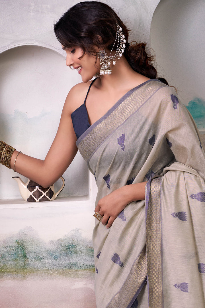 Heathered Grey Zari Woven Cotton Silk Saree