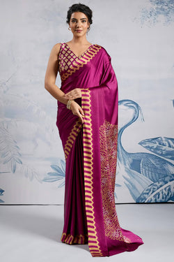 Heliotrope Purple Ajrakh Printed Satin Crepe Silk Saree