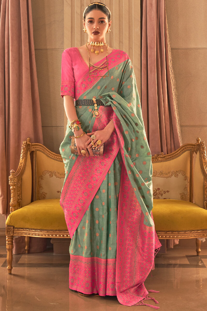 Hemlock Green and Pink Soft Banarasi Silk Saree
