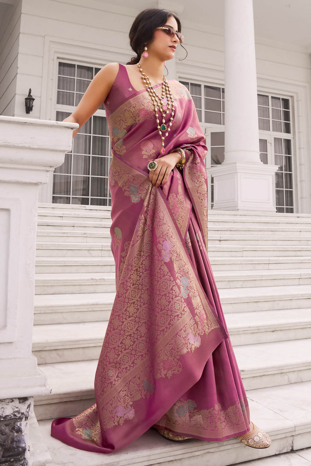 Hibiscus Pink Zari Woven Banarasi Tissue Silk Saree