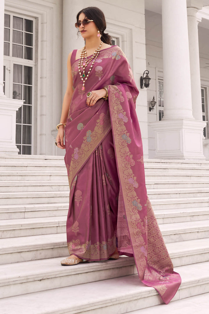 Hibiscus Pink Zari Woven Banarasi Tissue Silk Saree