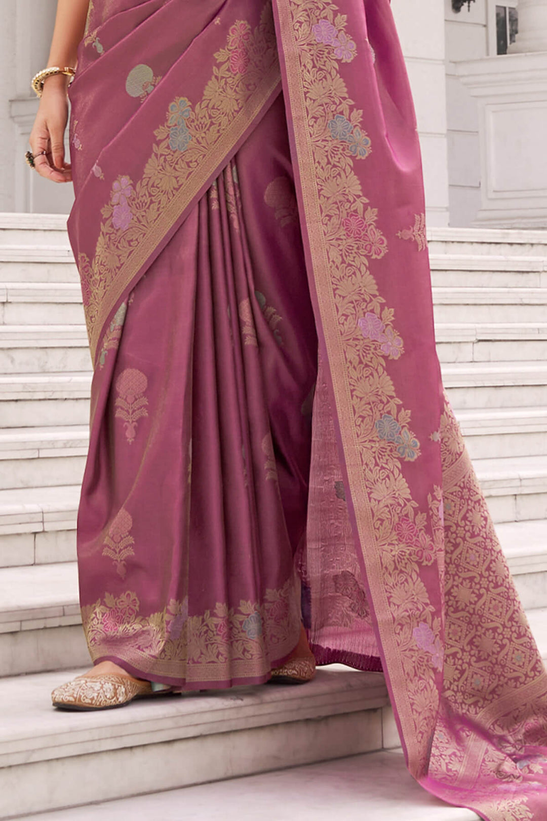 Hibiscus Pink Zari Woven Banarasi Tissue Silk Saree