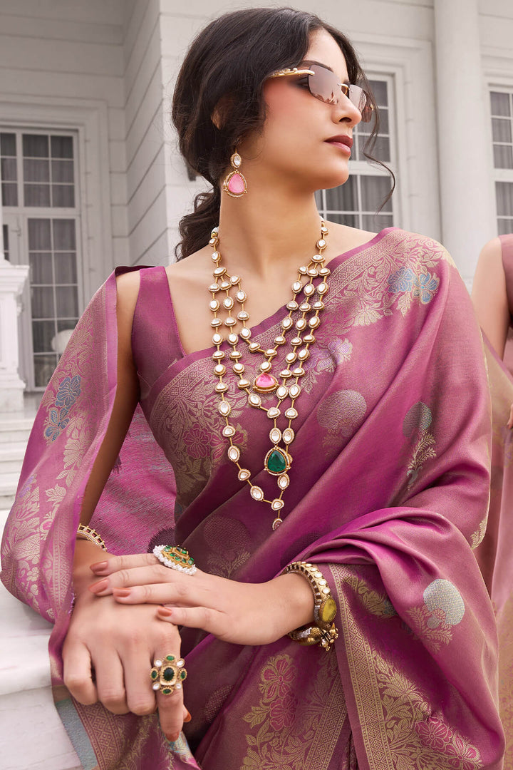 Hibiscus Pink Zari Woven Banarasi Tissue Silk Saree