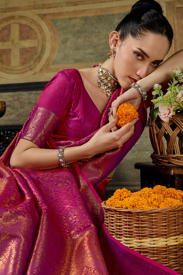 Hibiscus Pink Zari Woven Kanjivaram Silk Saree