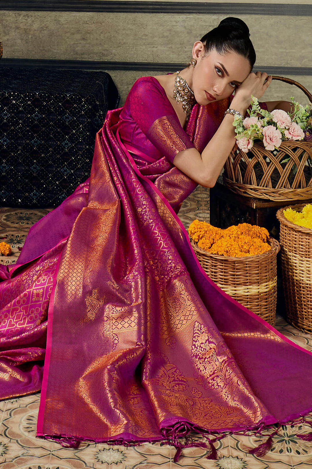 Hibiscus Pink Zari Woven Kanjivaram Silk Saree