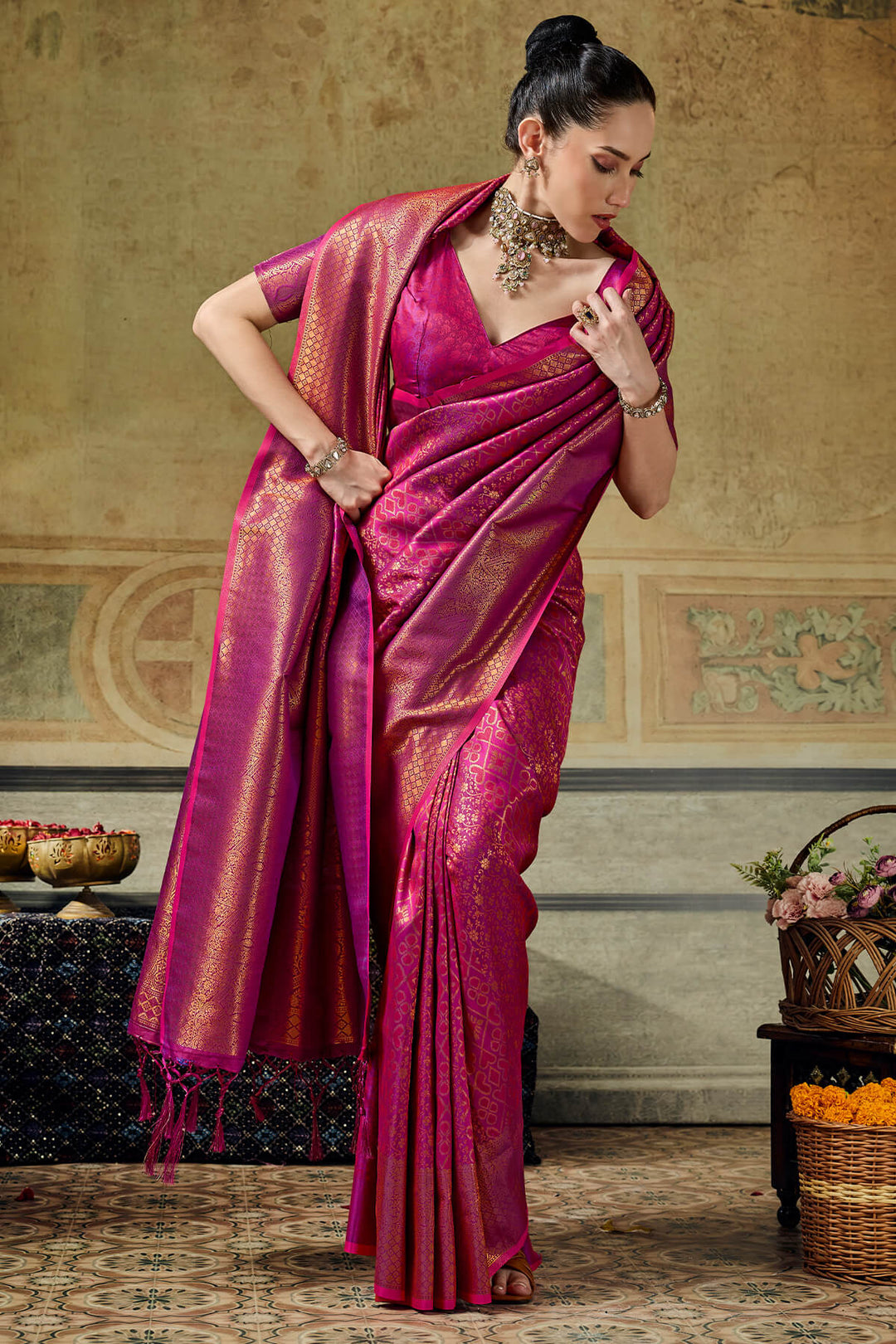 Hibiscus Pink Zari Woven Kanjivaram Silk Saree