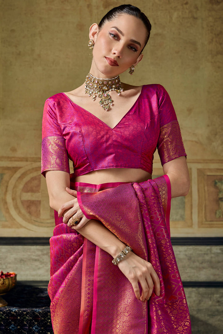 Hibiscus Pink Zari Woven Kanjivaram Silk Saree