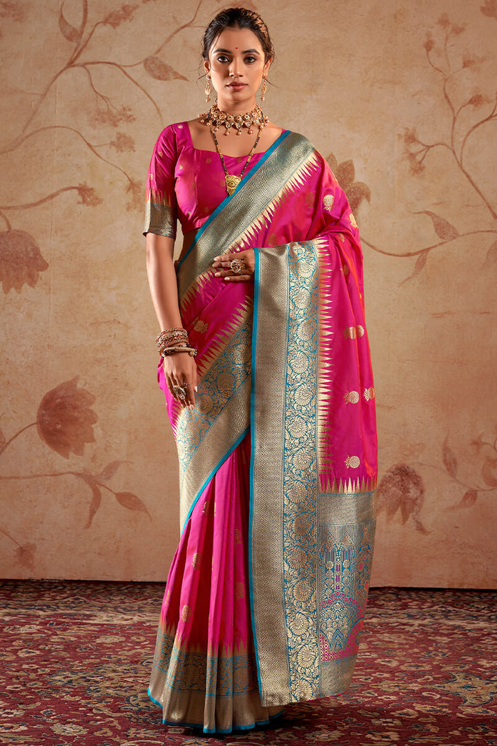 Hibiscus Pink Zari Woven Soft Banarasi Silk Saree