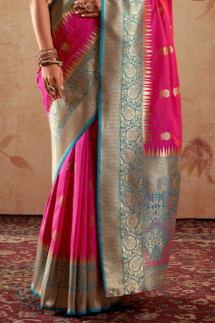 Hibiscus Pink Zari Woven Soft Banarasi Silk Saree