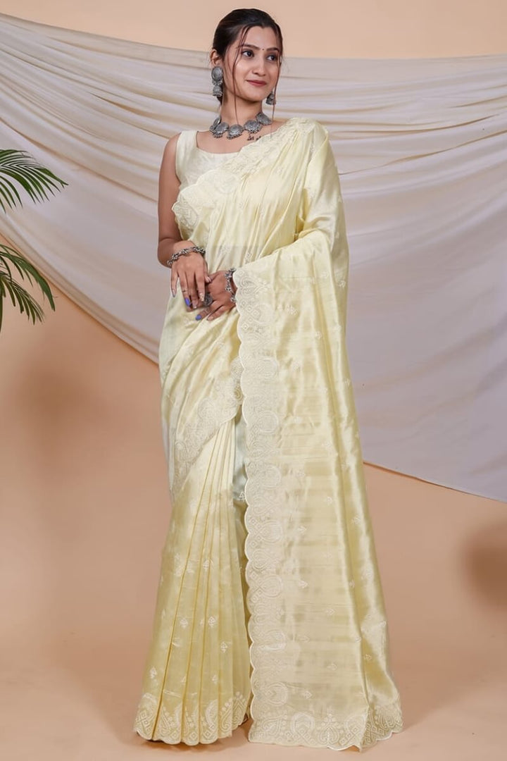 Hint Of Yellow Embroidered Soft Silk Saree