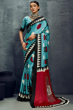 Hippie Blue Ajrakh Printed Satin Crepe Silk Saree