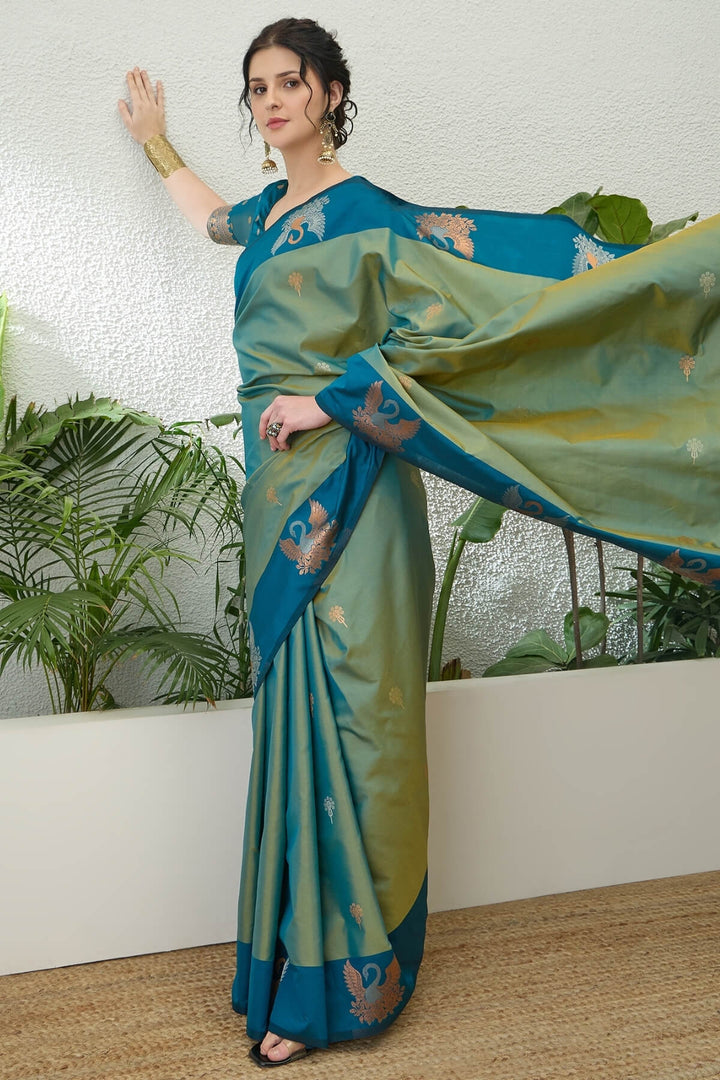 Hippie Blue Handloom Banarasi Silk Saree